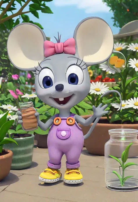 mia the mouse, female, child, grey fur, blue eyes, big ears, pink bow, hair sprig, purple overalls, orange buttons, yellow sneakers, buck teeth, mouse tail, eyelashes, holding jar, bug in jar, garden, mouth open, laughing, happy