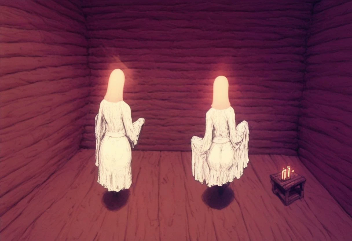 score_9, score_8_up, score_7_up, solo, (1girl:1.5), (female:1.5), big breasts, big ass, (hands:1.5), white robe, old cabin interior, window, candle, light beam, table standing, full body, halo, rear view, (potets:1.6),