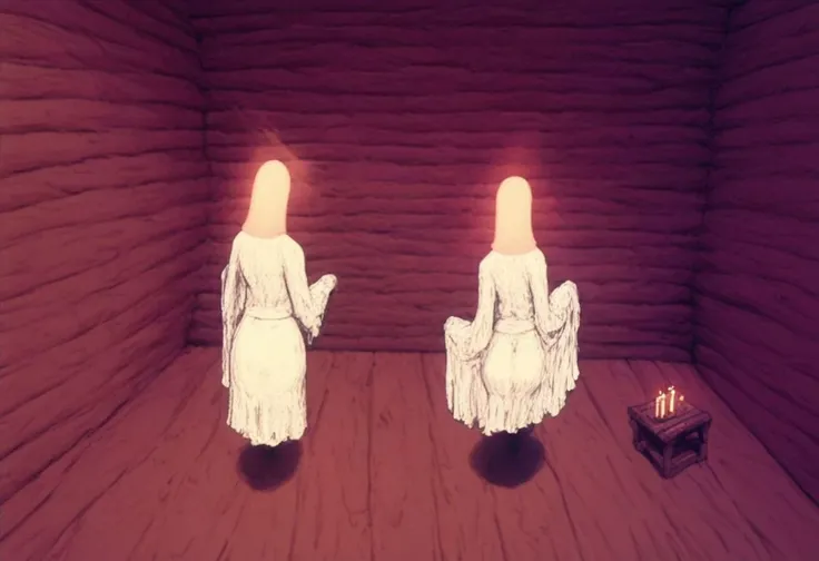 score_9, score_8_up, score_7_up, solo, (1girl:1.5), (female:1.5), big breasts, big ass, (hands:1.5), white robe, old cabin interior, window, candle, light beam, table standing, full body, halo, rear view, (potets:1.6),