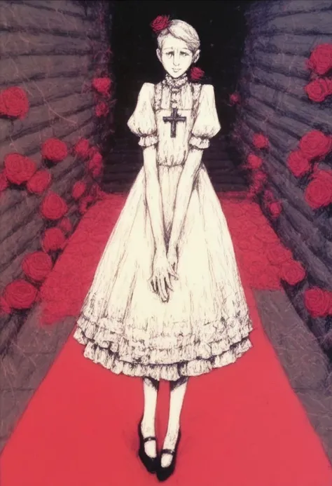 score_9, score_8_up, score_7_up, 1boy, crossdresser, short tunic, stockings, on the knees, arm extended forward, church village background, rose garden, pillars, (potets:1.4)