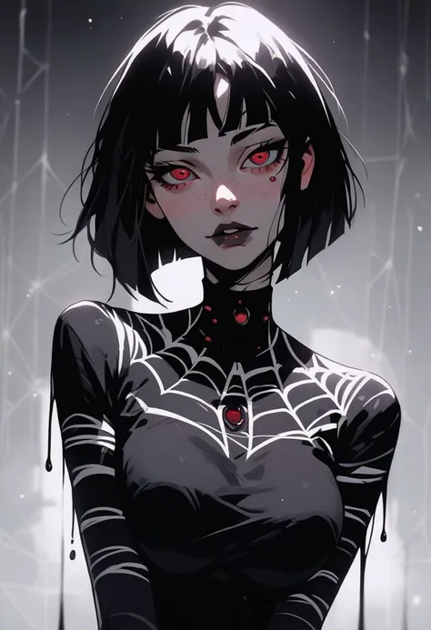 score_9, score_8_up, score_7_up, source_cartoon, looking at viewer, hourglass figure, face focus,
1 girl, solo girl, , pretty face, cute girl, large breasts, black hair, short hair, red eyes, arachne, long black nails
spider webs,
black liquid dress, cowboy shot,