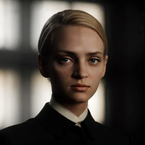a photo of um4,blonde collected hair,upper body,(black shirt:1.2),daylight,add_detail,soft lighting,extreme dof,bokeh,cinematic,sharp focus