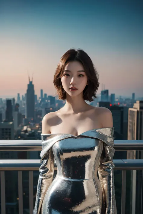<lora:m3t4ldr3ss:0.7>, m3t4ldr3ss, long sleeves, chrome dress, off shoulder, bare shoulders, best quality, masterpiece, illustration, realistic, photo-realistic, amazing, finely detail, incredibly absurdres, huge filesize, ultra-detailed, highres, extremely detailed CG unity 8k wallpaper, nsfw, A beautiful Korean woman in her early 20s is wearing a long-sleeved, chrome dress with off-the-shoulder sleeves. The dress is made of a shiny, metallic fabric that hugs her curves perfectly. Her hair is styled in a soft, wavy bob, and her makeup is natural and understated. She is standing in front of a futuristic city skyline. The city is bathed in the glow of the setting sun, and the lights of the buildings twinkle in the distance. The camera is zoomed in close to her face, and the lighting is soft and flattering. The overall effect is elegant and sophisticated.