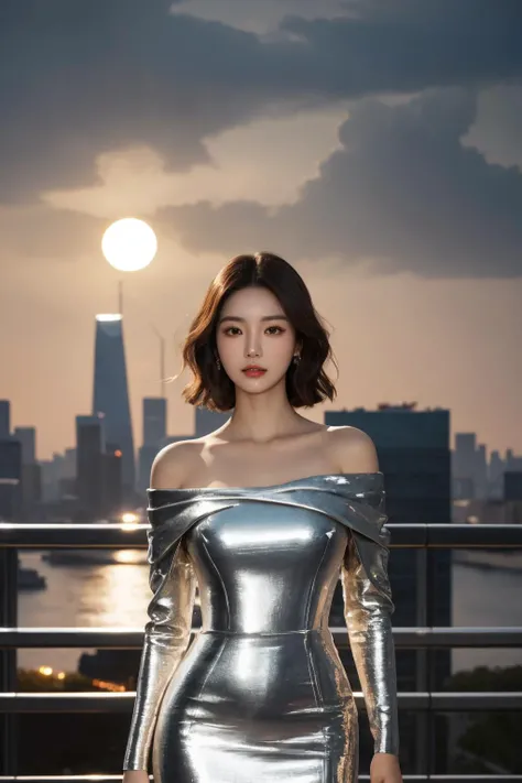 <lora:m3t4ldr3ss:0.7>, m3t4ldr3ss, long sleeves, chrome dress, off shoulder, bare shoulders, best quality, masterpiece, illustration, realistic, photo-realistic, amazing, finely detail, incredibly absurdres, huge filesize, ultra-detailed, highres, extremely detailed CG unity 8k wallpaper, nsfw, A beautiful Korean woman in her early 20s is wearing a long-sleeved, chrome dress with off-the-shoulder sleeves. The dress is made of a shiny, metallic fabric that hugs her curves perfectly. Her hair is styled in a soft, wavy bob, and her makeup is natural and understated. She is standing in front of a futuristic city skyline. The city is bathed in the glow of the setting sun, and the lights of the buildings twinkle in the distance. The camera is zoomed in close to her face, and the lighting is soft and flattering. The overall effect is elegant and sophisticated.