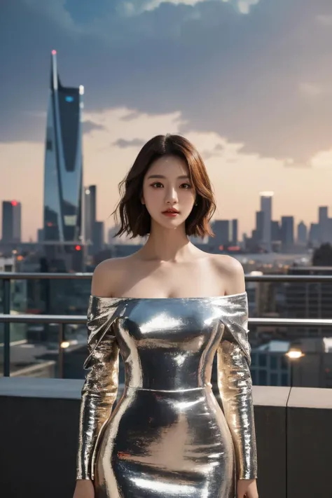 <lora:m3t4ldr3ss:0.7>, m3t4ldr3ss, long sleeves, chrome dress, off shoulder, bare shoulders, best quality, masterpiece, illustration, realistic, photo-realistic, amazing, finely detail, incredibly absurdres, huge filesize, ultra-detailed, highres, extremely detailed CG unity 8k wallpaper, nsfw, A beautiful Korean woman in her early 20s is wearing a long-sleeved, chrome dress with off-the-shoulder sleeves. The dress is made of a shiny, metallic fabric that hugs her curves perfectly. Her hair is styled in a soft, wavy bob, and her makeup is natural and understated. She is standing in front of a futuristic city skyline. The city is bathed in the glow of the setting sun, and the lights of the buildings twinkle in the distance. The camera is zoomed in close to her face, and the lighting is soft and flattering. The overall effect is elegant and sophisticated.