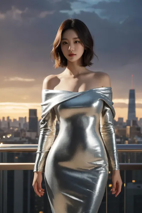 <lora:m3t4ldr3ss:0.7>, m3t4ldr3ss, long sleeves, chrome dress, off shoulder, bare shoulders, best quality, masterpiece, illustration, realistic, photo-realistic, amazing, finely detail, incredibly absurdres, huge filesize, ultra-detailed, highres, extremely detailed CG unity 8k wallpaper, nsfw, A beautiful Korean woman in her early 20s is wearing a long-sleeved, chrome dress with off-the-shoulder sleeves. The dress is made of a shiny, metallic fabric that hugs her curves perfectly. Her hair is styled in a soft, wavy bob, and her makeup is natural and understated. She is standing in front of a futuristic city skyline. The city is bathed in the glow of the setting sun, and the lights of the buildings twinkle in the distance. The camera is zoomed in close to her face, and the lighting is soft and flattering. The overall effect is elegant and sophisticated.
