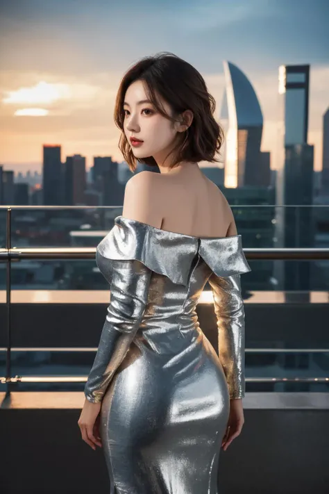 <lora:m3t4ldr3ss:0.7>, m3t4ldr3ss, long sleeves, chrome dress, off shoulder, bare shoulders, best quality, masterpiece, illustration, realistic, photo-realistic, amazing, finely detail, incredibly absurdres, huge filesize, ultra-detailed, highres, extremely detailed CG unity 8k wallpaper, nsfw, A beautiful Korean woman in her early 20s is wearing a long-sleeved, chrome dress with off-the-shoulder sleeves. The dress is made of a shiny, metallic fabric that hugs her curves perfectly. Her hair is styled in a soft, wavy bob, and her makeup is natural and understated. She is standing in front of a futuristic city skyline. The city is bathed in the glow of the setting sun, and the lights of the buildings twinkle in the distance. The camera is zoomed in close to her face, and the lighting is soft and flattering. The overall effect is elegant and sophisticated.