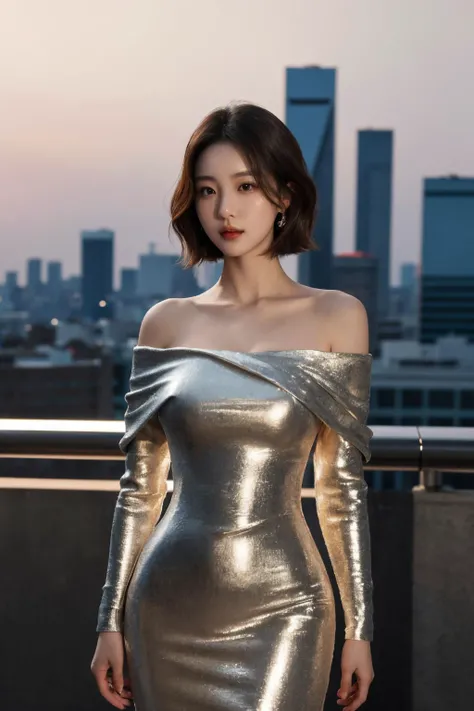 <lora:m3t4ldr3ss:0.7>, m3t4ldr3ss, long sleeves, chrome dress, off shoulder, bare shoulders, best quality, masterpiece, illustration, realistic, photo-realistic, amazing, finely detail, incredibly absurdres, huge filesize, ultra-detailed, highres, extremely detailed CG unity 8k wallpaper, nsfw, A beautiful Korean woman in her early 20s is wearing a long-sleeved, chrome dress with off-the-shoulder sleeves. The dress is made of a shiny, metallic fabric that hugs her curves perfectly. Her hair is styled in a soft, wavy bob, and her makeup is natural and understated. She is standing in front of a futuristic city skyline. The city is bathed in the glow of the setting sun, and the lights of the buildings twinkle in the distance. The camera is zoomed in close to her face, and the lighting is soft and flattering. The overall effect is elegant and sophisticated.