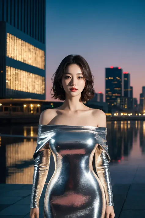<lora:m3t4ldr3ss:0.7>, m3t4ldr3ss, long sleeves, chrome dress, off shoulder, bare shoulders, best quality, masterpiece, illustration, realistic, photo-realistic, amazing, finely detail, incredibly absurdres, huge filesize, ultra-detailed, highres, extremely detailed CG unity 8k wallpaper, nsfw, A beautiful Korean woman in her early 20s is wearing a long-sleeved, chrome dress with off-the-shoulder sleeves. The dress is made of a shiny, metallic fabric that hugs her curves perfectly. Her hair is styled in a soft, wavy bob, and her makeup is natural and understated. She is standing in front of a futuristic city skyline. The city is bathed in the glow of the setting sun, and the lights of the buildings twinkle in the distance. The camera is zoomed in close to her face, and the lighting is soft and flattering. The overall effect is elegant and sophisticated.