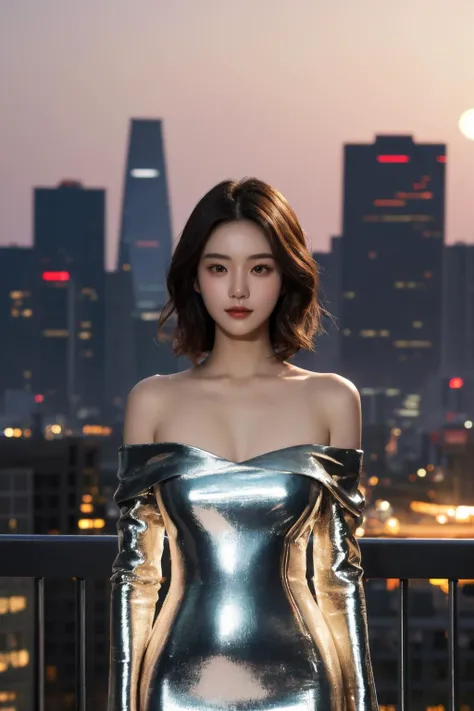<lora:m3t4ldr3ss:0.7>, m3t4ldr3ss, long sleeves, chrome dress, off shoulder, bare shoulders, best quality, masterpiece, illustration, realistic, photo-realistic, amazing, finely detail, incredibly absurdres, huge filesize, ultra-detailed, highres, extremely detailed CG unity 8k wallpaper, nsfw, A beautiful Korean woman in her early 20s is wearing a long-sleeved, chrome dress with off-the-shoulder sleeves. The dress is made of a shiny, metallic fabric that hugs her curves perfectly. Her hair is styled in a soft, wavy bob, and her makeup is natural and understated. She is standing in front of a futuristic city skyline. The city is bathed in the glow of the setting sun, and the lights of the buildings twinkle in the distance. The camera is zoomed in close to her face, and the lighting is soft and flattering. The overall effect is elegant and sophisticated.