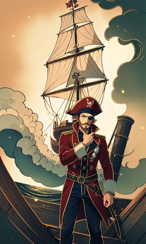 (Masterpiece:1.2), (best quality:1.2), (super high resolution:1.2), guochao, A daring pirate captain, a rugged man with a tricorn hat and an eye patch, standing on the deck of a wooden ship with a spyglass in hand, looking out at a stormy sea, <lora:meticulous_painting:0.65>