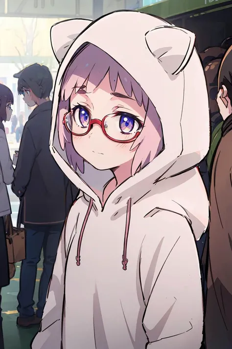 (masterpiece, best quality), 1girl, beautiful face, <lora:CatHoodie:1> cat hoodie, glasses,