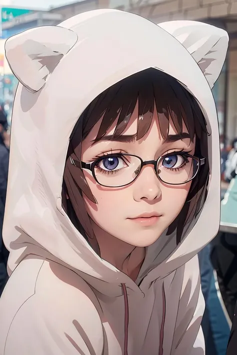 (masterpiece, best quality), 1girl, beautiful face, <lora:CatHoodie:1> cat hoodie, glasses,
