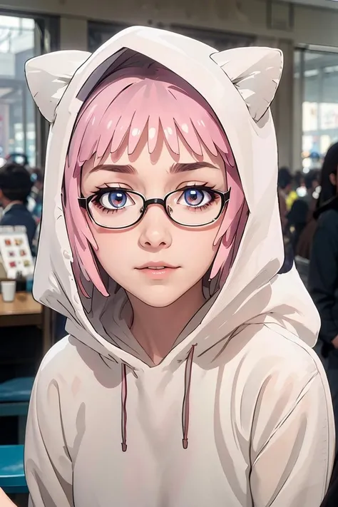 (masterpiece, best quality), 1girl, beautiful face, <lora:CatHoodie:1> cat hoodie, glasses, Half-Up, Half-Down,