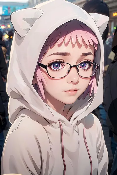 (masterpiece, best quality), 1girl, beautiful face, <lora:CatHoodie:1> cat hoodie, glasses,