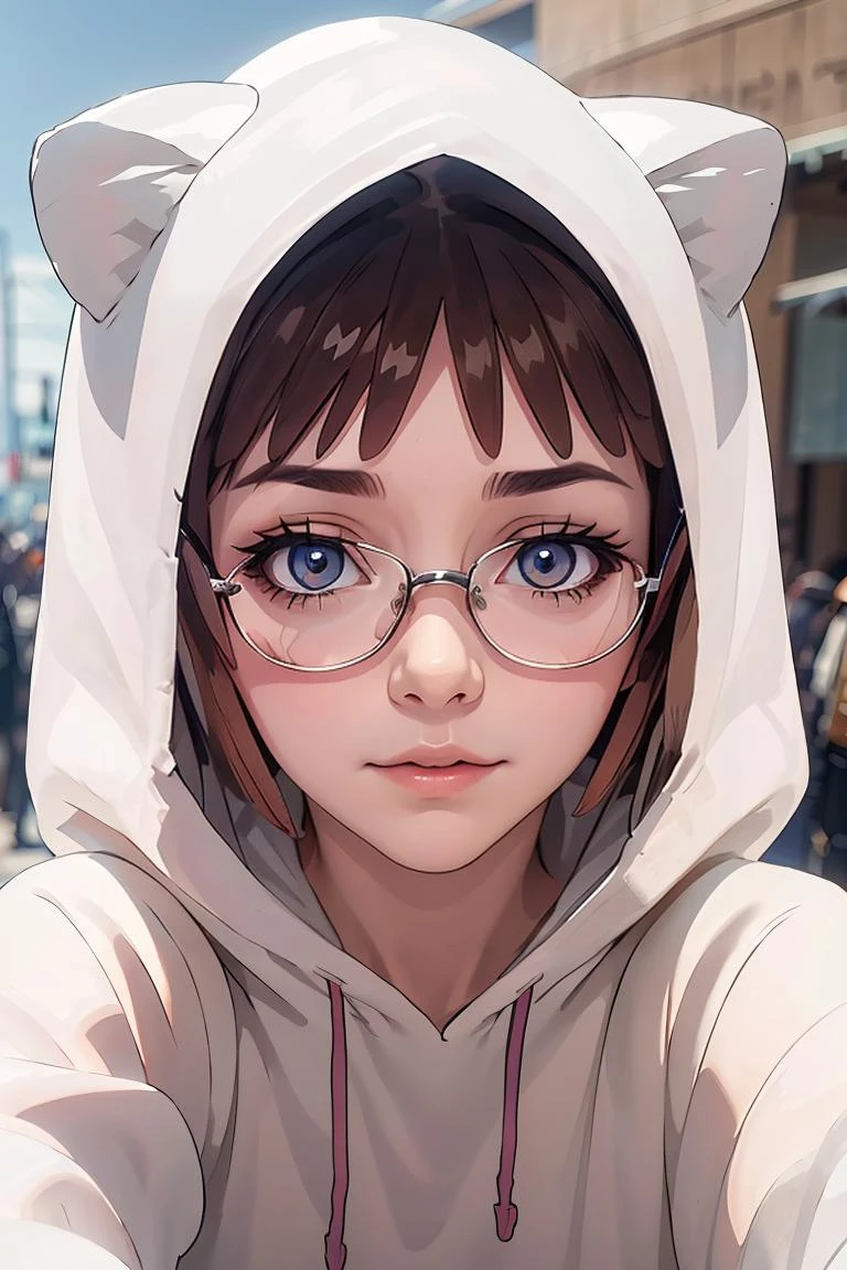 (masterpiece, best quality), 1girl, beautiful face, <lora:CatHoodie:1> cat hoodie, glasses,
