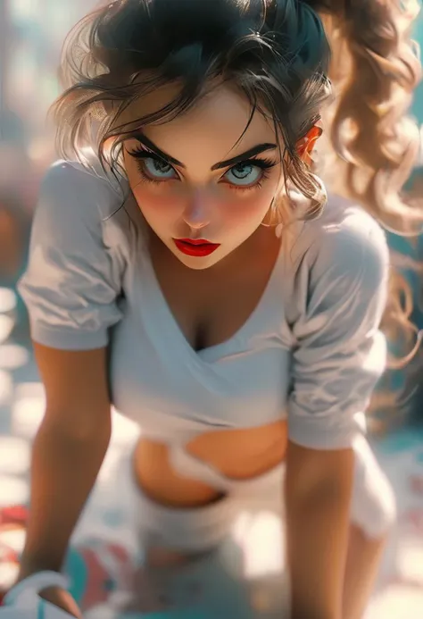 eye catching, Heterochromia , sexy brunette,  , ponytail, , pinup pose, , fantasy aesthetic, soft light,, ,,,  OverallDetail, , drab, view above eye level