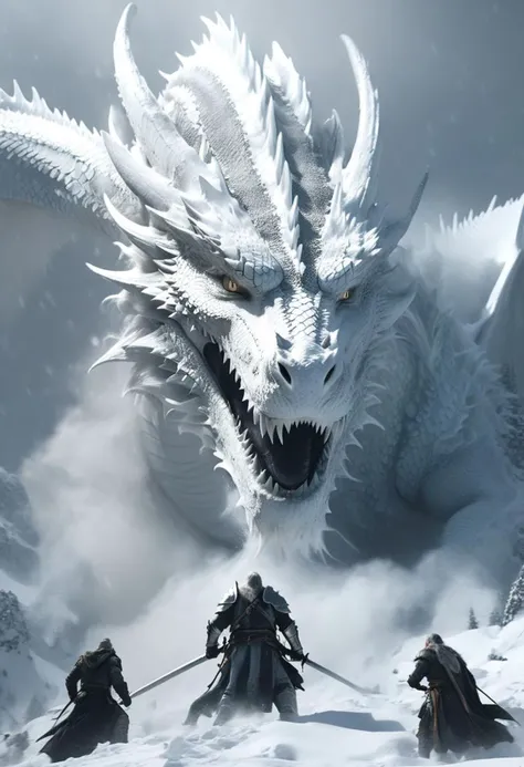very dark focused flash photo, amazing quality, masterpiece, best quality, hyper detailed, ultra intricately detailed textures, UHD, perfect anatomy, (White dragon:1.5), portrait, dof, hyper-realism, majestic, (four adventurers 1Fighter 1druid 1ranger 1wizard:1.6), awesome, inspiring, Capture the thrilling showdown between the four adventurers and the colossal white dragon boss in an epic battle amidst snow drifts and swirling blizzard . Embrace the action and chaos as these formidable forces clash on the snowy mountainside. cinematic composition, soft shadows, national geographic style