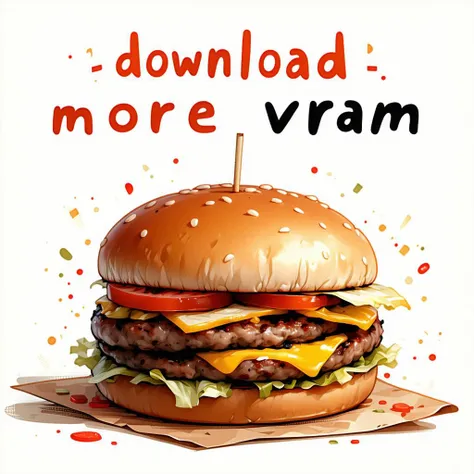 (t5xxl_fp8_e4m3fn+clip_l+clip_g Safetensors)
2d drawing of a hamburger, pixar style, text:"download more vram"