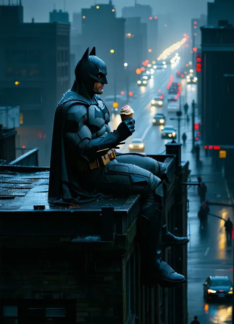 shot taken from above, in a dark photorealistic scene, batman at the top of the scene sitting on the roof of a building at night in the rain eating an ice cream, cars and people walking by, focus is on batman