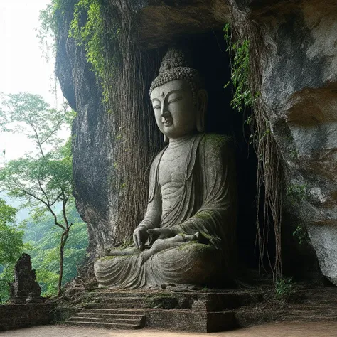 A breathtaking scene of a colossal Buddhist statue carved into the side of a towering rock cliff, now almost entirely hidden by centuries of overgrowth. The once-pristine stone figure, weathered by time and nature, is cloaked in thick vines, moss, and towering trees whose roots and branches snake over the statue’s surface. Only glimpses of the statue's serene face and folded hands are visible through the dense foliage, hinting at the statue's former grandeur and spiritual significance.

The statue’s calm, meditative expression remains intact, despite the erosion of the stone, its features softened by the passing of millennia. The surrounding rock cliff is covered in layers of moss and creeping ivy, giving the entire scene an ancient, forgotten feel. Wild plants and overgrown shrubs grow thick at the base of the statue, blending it into the natural landscape, as if the earth has reclaimed the sacred figure.

In the background, remnants of an abandoned civilization lie scattered around—a collapsed temple, crumbling stone pillars, and ruins barely visible through the encroaching wilderness. The once-thriving area has long been deserted, now silent and still, save for the occasional rustling of leaves in the wind. Sunlight filters through the canopy, casting dappled light onto the hidden monument, creating an ethereal and mystical atmosphere.

The scene is both haunting and peaceful, a testament to the passage of time and the resilience of nature. The giant Buddhist statue, though nearly consumed by the forest, stands as a silent guardian of a long-lost civilization, its spiritual presence still palpable amid the overgrowth and decay. 