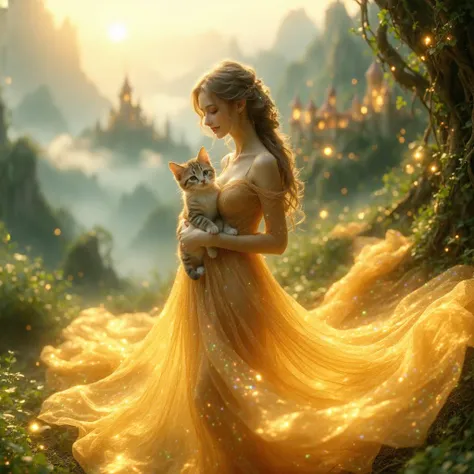 A stunningly beautiful woman stands in the heart of a faraway magical kingdom, her vibrant summer dress flowing gracefully in the soft, enchanted breeze. The dress, with its bright colors of warm yellows, vivid oranges, and soft pinks, drapes elegantly over her figure, reflecting the lively and magical world around her. Intricate floral patterns wind along the fabric, reminiscent of blooming gardens, and delicate details shimmer in the soft sunlight, adding a sense of wonder and grace to her appearance.

Nestled gently between her bosoms rests a tiny, adorable kitten, its soft fur a fluffy contrast against the vibrant colors of her dress. The kitten, with its sleepy eyes and tiny paws, is perfectly at peace, cradled in the warmth of the woman’s embrace. Its soft purrs are barely audible over the distant sounds of the magical kingdom, where floating islands drift in the sky, and crystalline towers rise into the clouds.

Behind her, the magical kingdom unfolds in all its splendor. The landscape is dotted with sparkling rivers, radiant with hues of lavender and blue, while grand castles shimmer in the distance, their tall spires glowing in the golden light of the sun. Exotic trees with glowing fruits and enchanted creatures fill the scene, adding to the otherworldly beauty surrounding her.

The woman’s face glows with warmth and serenity, her radiant smile reflecting the joy and peace she feels in this enchanted world. Her long hair, catching the gentle breeze, cascades down her shoulders, adding to her ethereal presence. The kitten snuggles deeper into her embrace, perfectly content in this magical moment, where beauty, peace, and wonder are all around. 