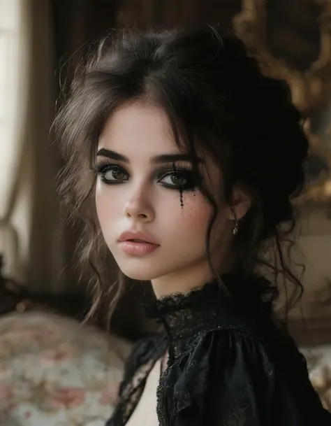 woman portrait, luis royo, close up, cute face, beautiful,18 years old, (black bold eyeliner, makeup:1.3), pale skin, young,bangs,freckles, ear,wavy brunette hair,freckles,,interior,fancy bedroom,gothic room,castle interior,petite body, small breasts, beautiful legs, realistic soft skin, looking at viewer, hyperdetailed, analog photo, Cinematic,contrast,high contrast,(very detailed eyes,detailed lips,detailed face,cute,pretty), embedding:safe_pos