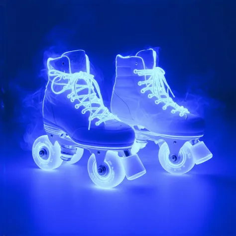 A pair of well-worn roller skates sits abandoned by the side of a sleek, futuristic skate rink, their once-pristine design now weathered by countless rides. The skates, though showing signs of wear, still exude a futuristic flair. Their outer shell is crafted from a matte, metallic material, scuffed and scratched from heavy use, with faded geometric patterns etched into the sides, hinting at their high-tech origins.
The wheels glow with vibrant neon colors—electric blues, greens, and pinks—that pulse softly in the dim light of the rink, casting faint reflections on the polished floor. Despite the wear, the neon wheels still spin smoothly, leaving faint light trails whenever they move. Each wheel is fitted with a sleek, translucent housing that adds to the skates' modern aesthetic, contrasting with the weathered exterior.
In place of traditional shoelaces, streams of colorful, glowing smoke twist and coil where the laces would normally be, adding a surreal, otherworldly touch to the design. The smoke shifts in hues of purple, orange, and cyan, drifting lazily in the air but always remaining anchored to the skate, as if imbued with a magical quality.
Despite their age and use, the roller skates retain an undeniable charm—an intriguing mix of high-tech futurism and gritty, weathered history. The neon glow and smoke-laces juxtapose the scuffed and worn surface, creating a captivating contrast that hints at both the past and future of these once-treasured skates.