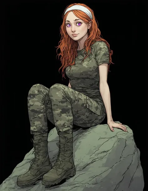 The artwork is a digital illustration thatcaptures the moment of a camouflage soldier forcibly draped over the knee of an entity spirit with purple eyes seated on a rock. A woman revealing a hint of her lower arms. The top has a high neck and a slightly puffy texture, wavy hair that is a bright orange-red color. Her hair cascades down past her shoulders, playful smile. Her skin is a light tan color, The image is a digital drawing of a stylized cartoon character with a realistic face and exaggerated facial features. The character has a round face, small eyes with a neutral expression, expressive brown eyes and wears black, held back by a white headband. Her skin tone is light as she lies flat on her stomach held down over his knee, her exposed rear end which is accentuated in the somber light of the display cabinet. With her large, expressive eyes filled with terror, she gazes ahead as he is raising his hand as if to signify a moment of discipline as he spanks her. Her delicate featuresâa soft contour of rounded cheeks and a frowning mouthâenhance the overall terror of her expression.