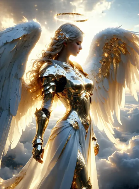 female angel, wings, full body, sky, (clouds:0.1),faintly lit ,fantastic, glow, holy, heaven, holy radiance, fantasy armor, gold armor, (halo:1.3), armbands, gold jewelry