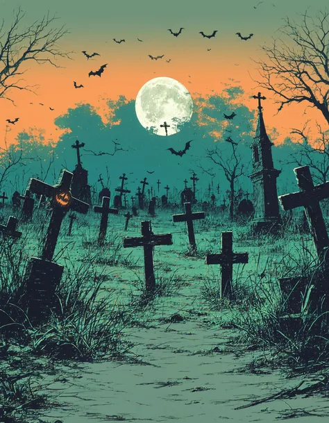 a digital illustration depicting a spooky, halloween-themed scene, full moon, the ground is covered in tall, dark green grass, and in the foreground, there are several wooden crosses, adding to the graveyard theme, the sky is a gradient of warm, golden hues, transitioning from a deep orange at the top to a lighter, darker hue at the bottom, creating a moody, eerie atmosphere, the overall style is reminiscent of classic horror movie posters, with a focus on the eerie, haunting elementsNone