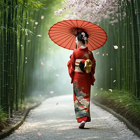  Imagine a graceful Japanese woman in a colorful kimono, adorned with intricate designs, walking serenely under a canopy of cherry blossoms within a lush bamboo grove. She carries a vibrant red Chinese oiled umbrella that adds a pop of color to the scene, perfectly framing her elegance. The air is filled with the soft rustle of bamboo leaves and the gentle fall of cherry petals, creating a magical ambiance. 12K ultra-detailed 3D rendering, crystal clear, showcasing the beauty of the kimono, the delicate cherry blossoms, and the serene setting of the bamboo grove.