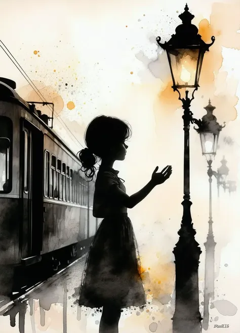 Silhouette of a girl waving at a train, modern European ink painting, alcohol ink, steampunk background, ink stains, in Paris, vintage, street lanterns glow, awesome great composition, old vintage paper