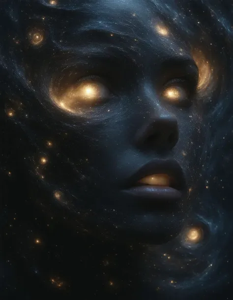 A hyperrealistic portrait of a woman whose body is being torn apart by swirling black holes, each one pulling her skin and body into its infinite depths. Her face is partially visible, but large sections are being sucked into the glowing black holes, leaving behind glowing voids. Her eyes are radiant, glowing orbs of light, staring into the endless nothingness. Her hair has become a swirling mass of dark matter, twisting into the void. Behind her, the background is a cosmic landscape filled with swirling black holes and collapsing stars, where everything bends and warps as itâs pulled into oblivion.  <lora:aidmaImageUpgrader:1>, aidmaimageupgrader, 1girl, perfectly flat chest, tiny perky tits