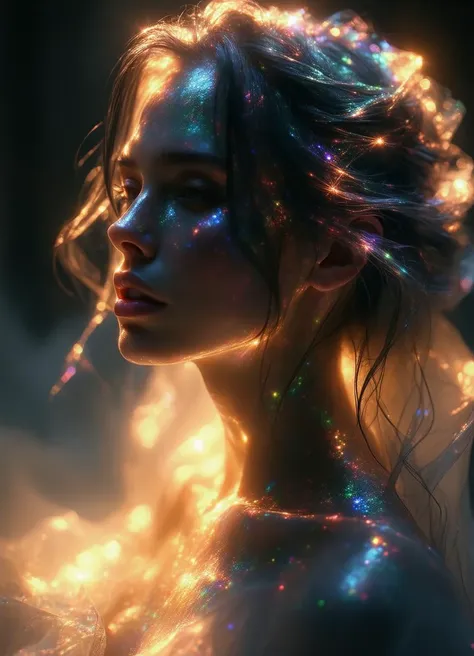 A photorealistic 4K image of a woman with transparent, crystal-like skin, glowing from within with a soft golden light, her hair flowing like liquid metal, surrounded by an aura of shimmering particles. evil laough, RAW photo, subject, 8k uhd, dslr, soft lighting, high quality, film grain, Fujifilm XT3, 4K, photorealistic, High dynamic range, vivid, rich details, clear shadows and highlights, realistic, intense, enhanced contrast, highly detailed, long shot scenic professional photograph of , perfect viewpoint, highly detailed, wide-angle lens, hyper realistic, with dramatic sky, polarizing filter, natural lighting, vivid colors, everything in sharp focus, HDR, UHD, 64K