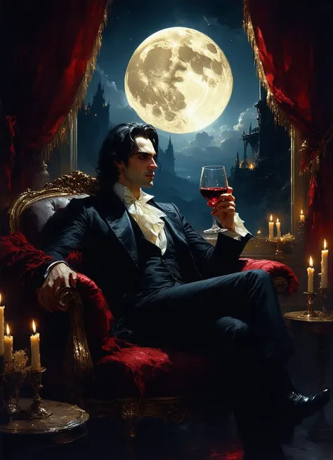 A vampire aristocrat, lounging in an opulent, candlelit chamber filled with velvet drapes and antique furniture. He holds a glass of dark red wine (or is it blood?) and looks out through a tall, arched window at the full moon. His sharp, elegant features are pale, and his eyes gleam with eternal knowledge and hunger. The mood is dark and seductive, with gothic elegance. The art style is richly detailed, focusing on deep reds, blacks, and golds to create a luxurious, eerie atmosphere.