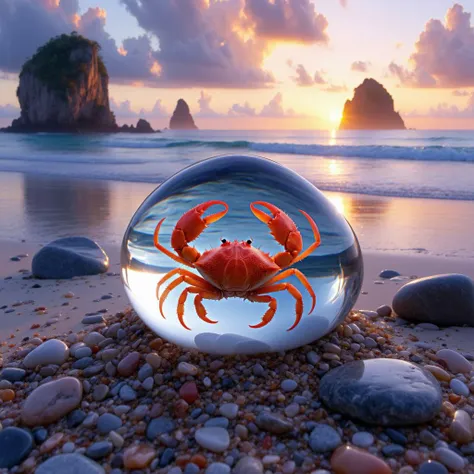 A stunning image captures a transparent glass pebble resting on a tranquil pebble beach, the vibrant hues of sunset painting the sky in shades of orange and purple. Inside the pebble, a mesmerizing fractal red crab with intricate patterns and swirling designs scuttles playfully. The beach is dotted with larger, polished stones, each reflecting the warm light of the setting sun. In the background, fantasy landscapes of distant, fantastical islands rise from the ocean, shrouded in mist and mystery. 12K ultra-detailed 3D rendering, crystal clear, with warm, glowing lighting enhancing the magical atmosphere of this enchanting scene