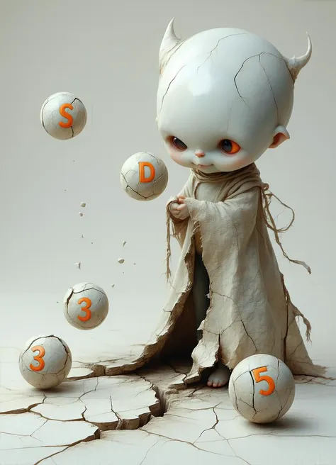 3ddemon, a cute little white demon is dragging around a ripped sacka, 4 balls comes out from the rip, each ball with a letter or digit, the letters and digits are "S" "D" "3" "5". the cute little white demon is on the left, the balls on the right.