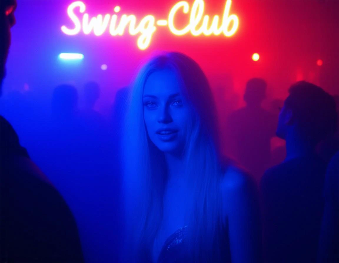 Scene Description: Porn photograph of <lora:Ephemere_FluxDev_v1:0.5> Ephemere, blonde, blue eyes, (she have sex with a couple of man and woman:1.4) in a crowded swingers-club lit by colored spotlight. A neon sign with the text "Swing-Club", (light plumes of smoke in the air:0.6). people having fun in the background. woman in motion, double exposure, slow exposure, motion blur, neon's light, detailed skin, shadows, shallow depth of field, bokeh.  Mood: the image composition is very dynamic and the erotic lighting creates blue shadows creating a visually striking contrast with the bright red backdrop. The overall mood is bold and decidedly erotic. <lora:Jib_Flux_Nipple_Fix_v2:0.0.7>