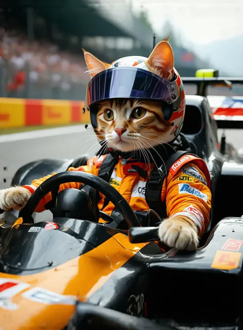 photo of an orange tabby cat humanoid in mid-action, driving an F1 formula car. The cat, dressed in a sleek, high-performance sports outfit with vibrant colors and intricate details and a helmet with cat ears, grips the steering wheel with his paws. The scene captures the thrill and energy of the race, with the background showing a blurred raceway filled with cheering fans. Shot with a Canon DSLR using a 200mm telephoto lens, the image highlights the sharp, detailed features of the cat's athletic form and the motion blur of the ball, creating a vivid, immersive moment of sports excitement.