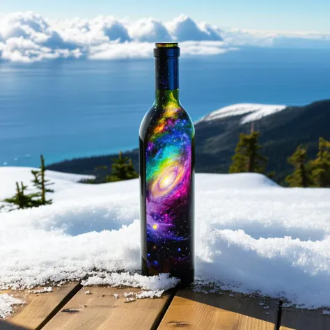 a bottle with a rainbow galaxy inside it on top of a wooden table on a snowy mountain top with the ocean and clouds in the background