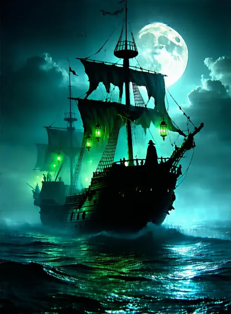 A ghostly pirate ship sailing through a foggy, moonlit sea. The ship is tattered with broken sails, glowing green lanterns hanging from its sides, and skeletal pirates standing at the helm, their eyes glowing in the mist.