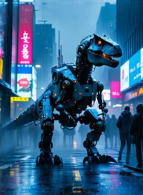 a cyberpunk robot dinosaur, with robot joints, body made of metals, cables and wires, with shoulder-mounted machine guns, stalking down a misty cyberpunk city street in the rain, neon advertising signs, silhouetted in the gloom. Perfect Composition, realistic photographic image, RAW photo highest quality, perfect directional lighting, bokeh