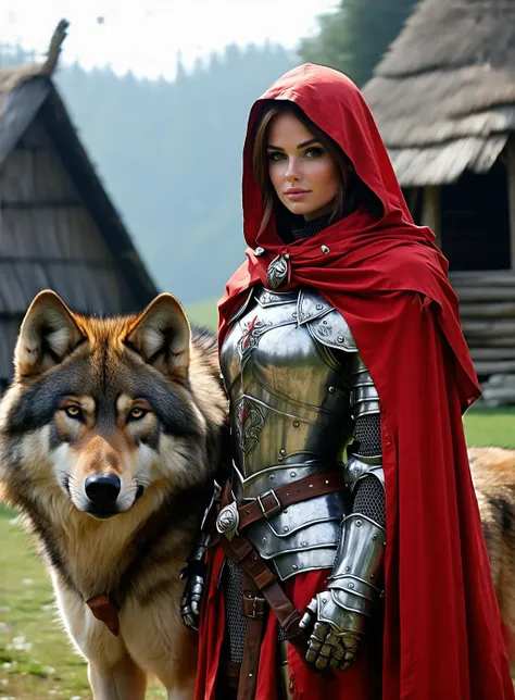 female red riding hood wearing armor standing proudly next to her wolf