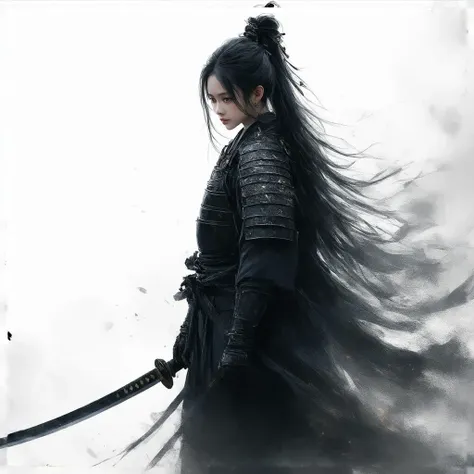 Atsu, also known as Erika Ishii, stands as a striking and formidable warrior in her dark, elegant samurai armor. Her long, jet-black hair is often tied back in a practical yet graceful style, swaying gently as she moves, giving her an air of precision and elegance in combat. Her sharp, piercing eyes reflect her unyielding determination, glowing with intensity against the contrast of her dark attire.

Her armor is a masterpiece of both protection and style. The deep, rich black of the armor, representing her mysterious nature as "The Ghost," is accented with fine details of silver and gold. The black surface of the armor is sleek and polished, catching the light with every movement, while the silver filigree traces intricate designs along the edges, adding a sense of refinement to her formidable appearance. Gold accents highlight her rank and status, weaving through the armor with an understated brilliance.

Atsu’s kabuto, her traditional samurai helmet, is equally imposing. Its dark black surface is adorned with elaborate silver and gold designs, particularly around the crest, which signifies her noble clan. The helmet lends her a fearsome, ghostly presence, further enhanced by the intricate craftsmanship in its structure.

Her gauntlets and leg guards follow the same color palette of black, silver, and gold, their design focused on providing flexibility while maintaining a fearsome appearance. The gauntlets offer protection without sacrificing the dexterity needed to wield her katana with precision.

Her weapon of choice, a black-bladed katana, rests in a black scabbard detailed with silver and gold embellishments. The blade gleams with a deep, reflective black, mirroring her connection to the shadows and reinforcing her title as "The Ghost." Every strike from this weapon is swift and calculated, befitting her role as a silent, lethal force on the battlefield.

Draped over her armor is a dark, flowing cloak that flutters with her every movement. The cloak is primarily black but features subtle silver and gold patterns woven throughout, allowing her to blend seamlessly into the shadows while adding a touch of elegance. It enhances her ghostly, elusive presence, billowing like smoke as she maneuvers through the battlefield.

Atsu’s overall appearance strikes a balance between the timeless tradition of samurai aesthetics and her ghostly, mysterious persona. Her deep black armor, enhanced with silver and gold accents, makes her an unforgettable figure—both deadly and captivating. Her piercing gaze, coupled with the sleek design of her attire, solidifies her as a complex and formidable protagonist, embodying the spirit of "The Ghost of Yotei." 