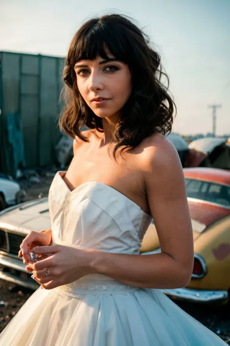 A stunning intricate full color picture of a beautiful woman, wearing a a wedding dress, junkyard, closeup,, epic character composition,by ilya kuvshinov, alessio albi, nina masic,sharp focus, subsurface scattering, f2, 35mm, film grain<lora:luechar:1>