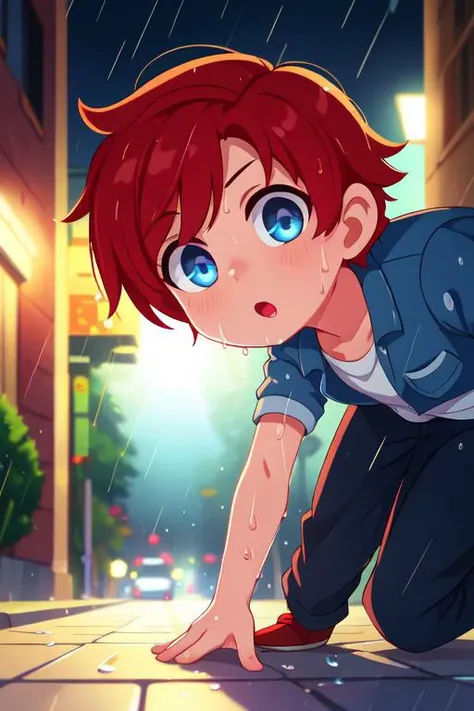 (best quality, high quality:1.3), hires, masterpiece, highly detailed, cg, reflections, ray tracing, lens flare, cinematic lighting, cinematic bloom, rule of three, vanishing point, bokeh, intricate details, night, raining, wet road, 1boy, red hair, detailed eyes, skating on street, speed lines, motion blur, afterimage, close up, from bottom