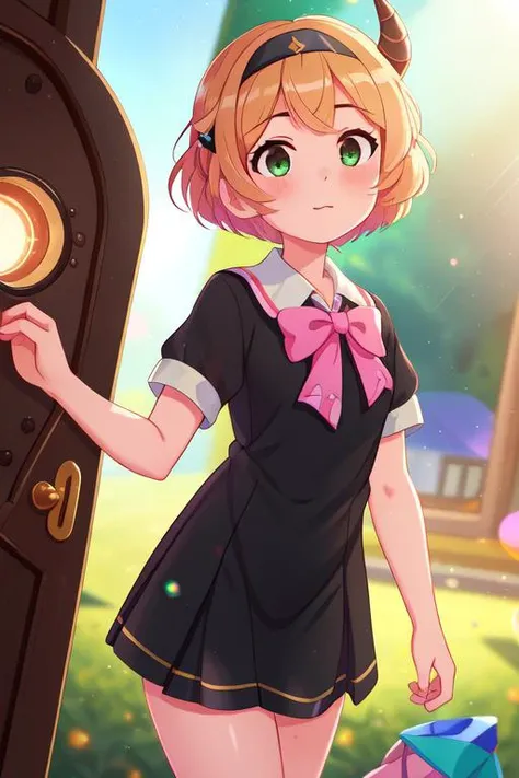 (best quality, high quality:1.3), hires, masterpiece, highly detailed, cg, reflections, ray tracing, lens flare, cinematic lighting, cinematic bloom, rule of three, golden ratio, vanishing point, bokeh, intricate details, 1girl, pink short hair, black cone pointed horn headband, black single dress school uniform, Anya Forger, Spy X Family, close up