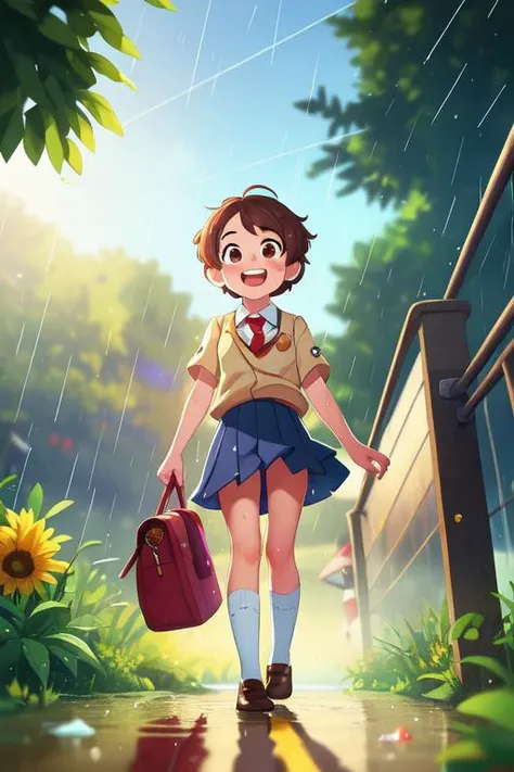 (best quality, high quality:1.3), hires, masterpiece, highly detailed, cg, reflections, ray tracing, lens flare, cinematic lighting, cinematic bloom, rule of three, golden ratio, vanishing point, bokeh, intricate details, 1boy, 1girl, height difference, school uniforms, walking towards school entrance, happy, raining, soaking wet, umbrella, foggy, dreamy, close up, from below