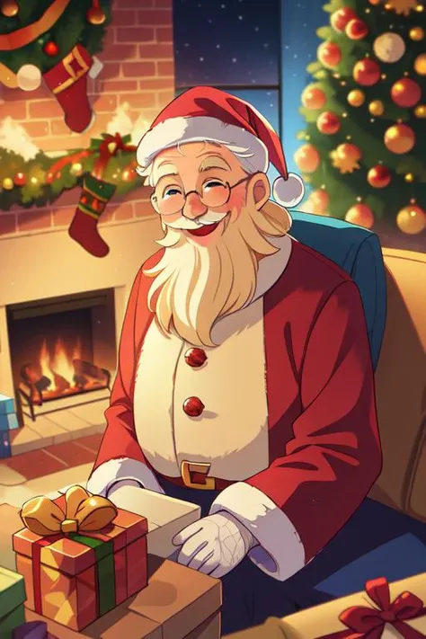 (best quality, high quality:1.3), hires, masterpiece, highly detailed, cg, reflections, ray tracing, lens flare, cinematic lighting, cinematic bloom, rule of three, golden ratio, vanishing point, bokeh, intricate details, 1man, Santa Claus, sitting on couch, laughing, living room, fireplace, gifts, Christmas tree, close up, from bottom
